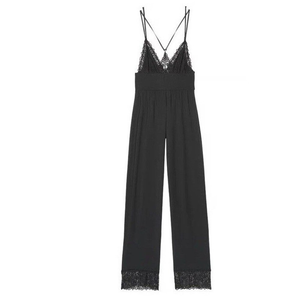 Victoria Secret Heavenly Sleep Super Soft Modal Jumpsuit Black Lace Crochet S